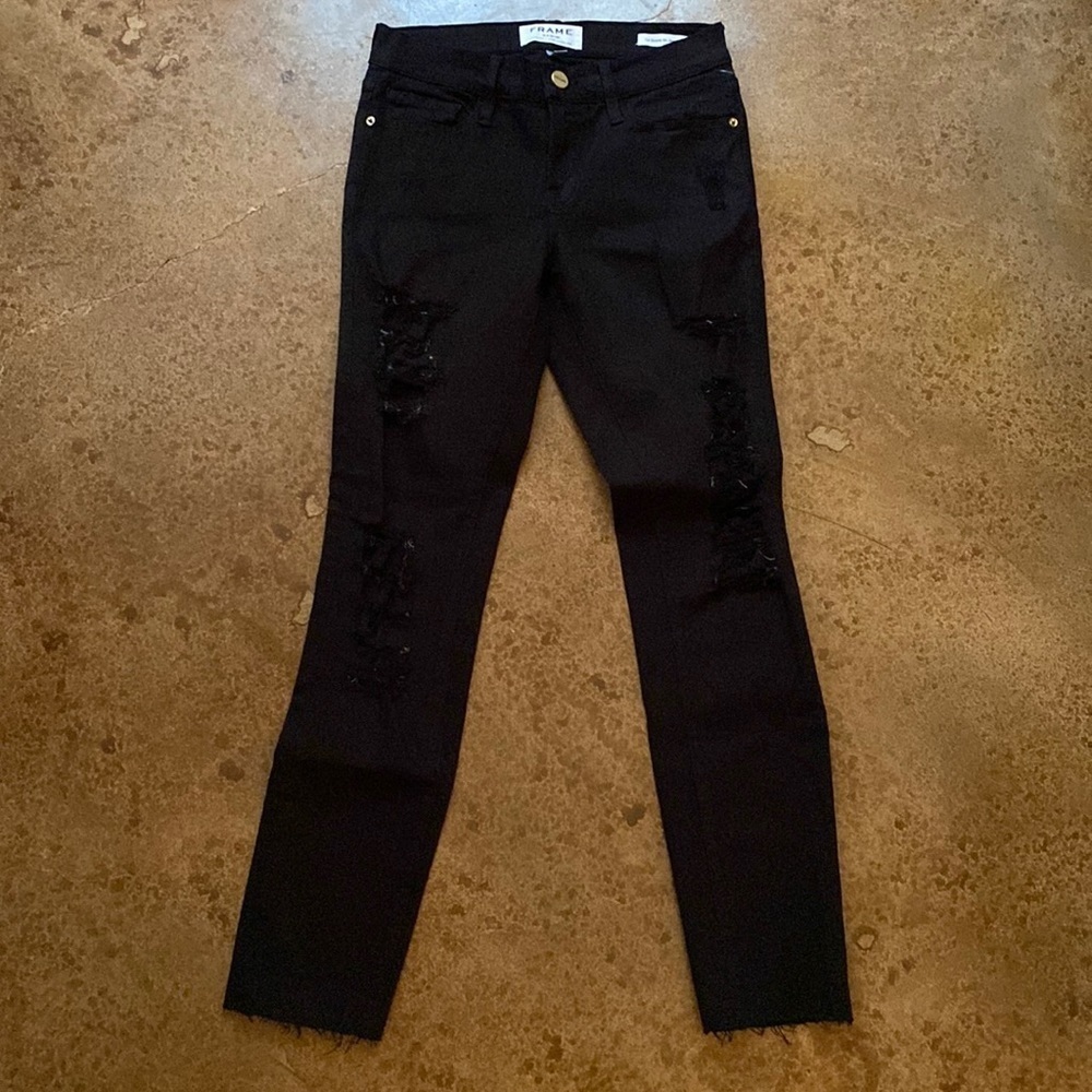 FRAME black distressed‎ Le skinny de Jeane ankle raw hem stretch legging jeans